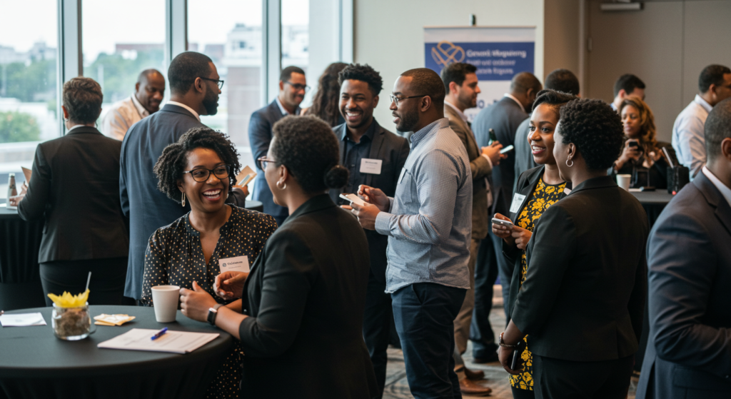 a group of marketers in a hall building their personal brand by networking