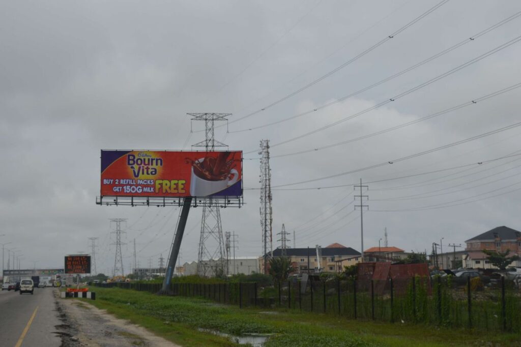 A large Bournvita advertisement displayed on one of the Billboards at Ikate along the Lekki-Epe Expressway, showcasing high visibility and strategic outdoor advertising placement in Lagos.